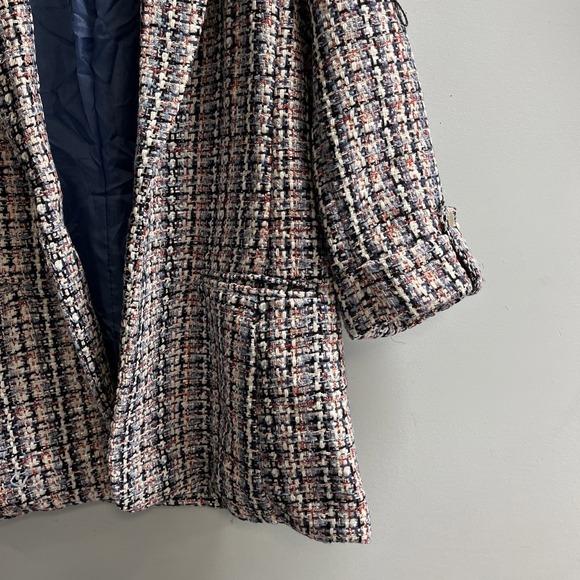 Anne Klein Blazer Womens M Blue Tweed Boucle Knit Jacket Open Front Long Line - Picture 4 of 15